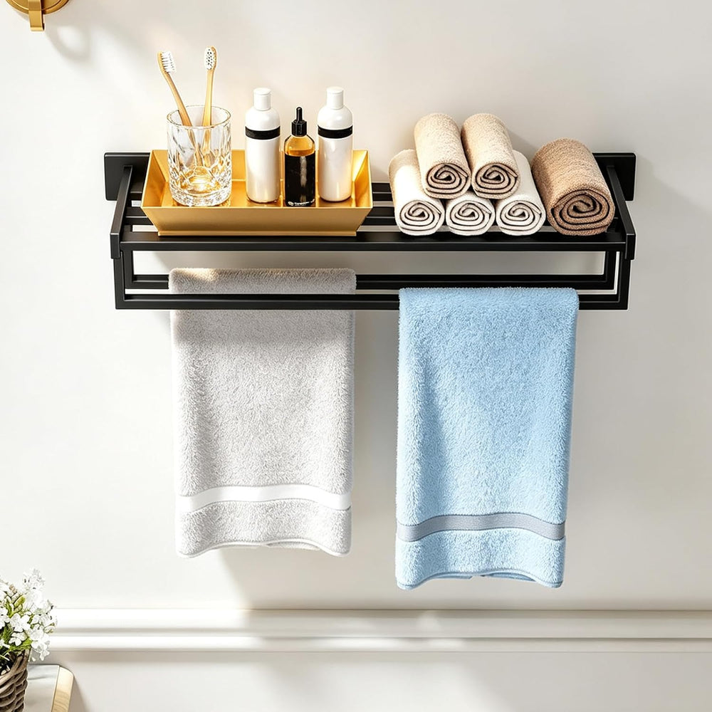 STWWO Towel Racks with Shelf for Bathroom Wall Mounted, 24 Inch, Black