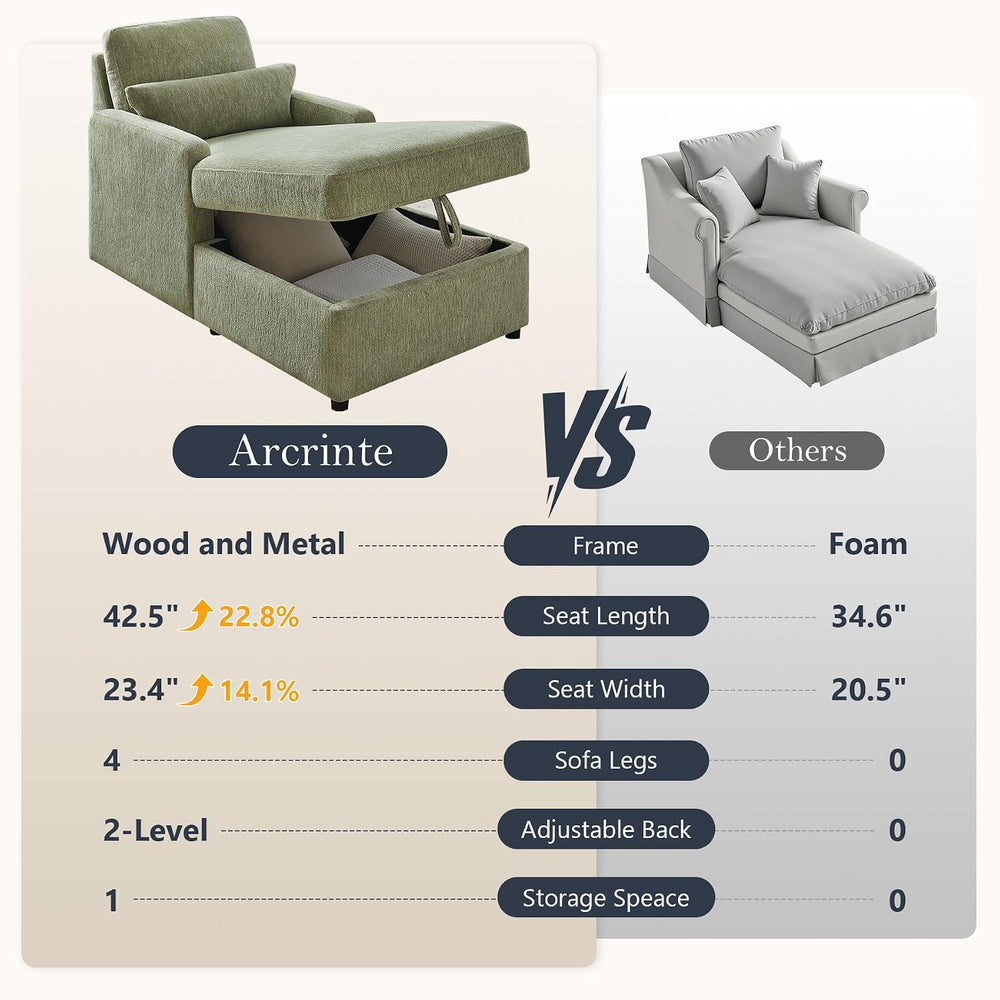 63.8" Large Chaise Lounge Chair with Storage, Chenille Sage Green