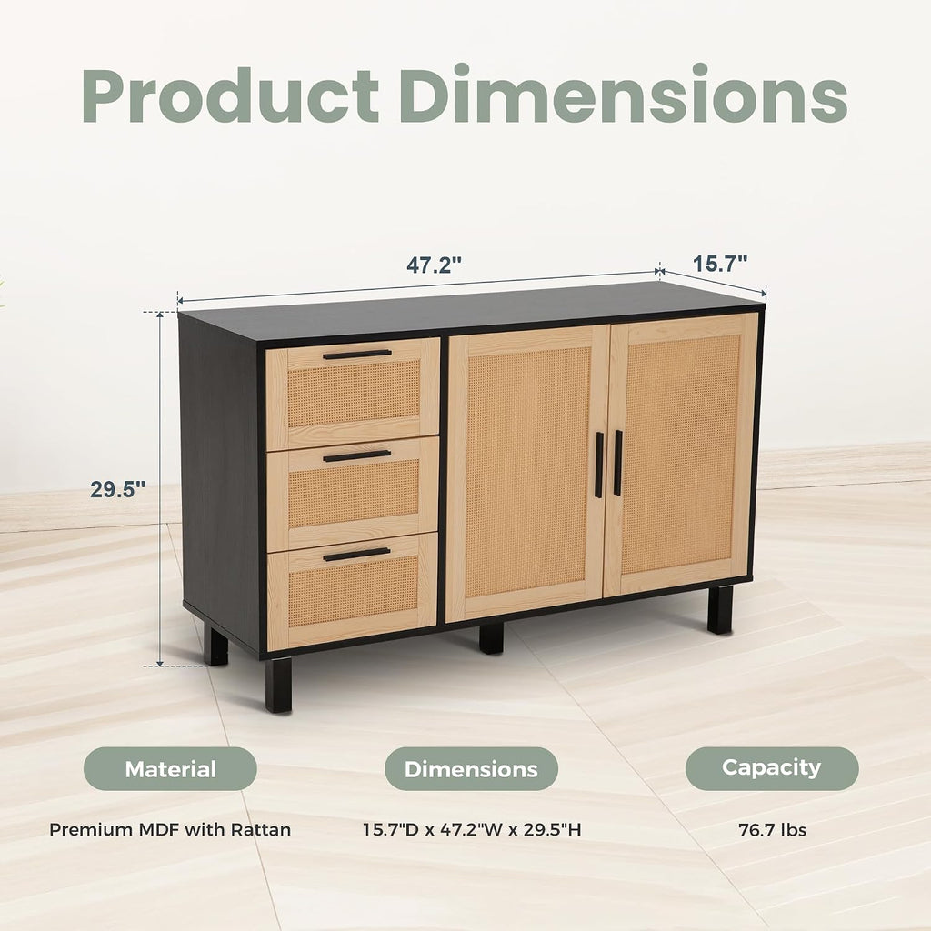 PHI VILLA Black Rattan Cabinet with Doors, Buffet Sideboard Cabinet with Drawers, 2 Door Storage Cabinets