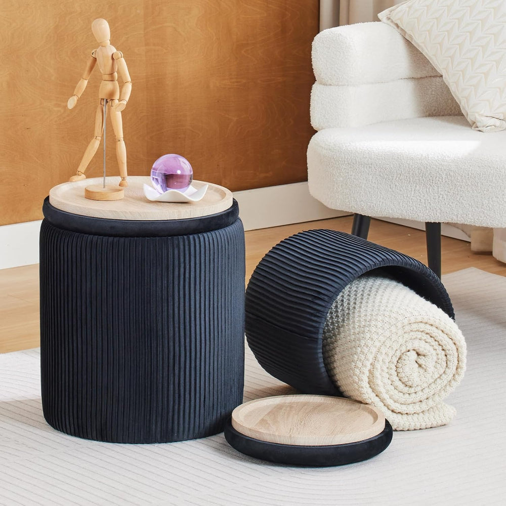 BLEXA Round Storage Ottoman, Set of 2, Velvet Vanity Stool, Black