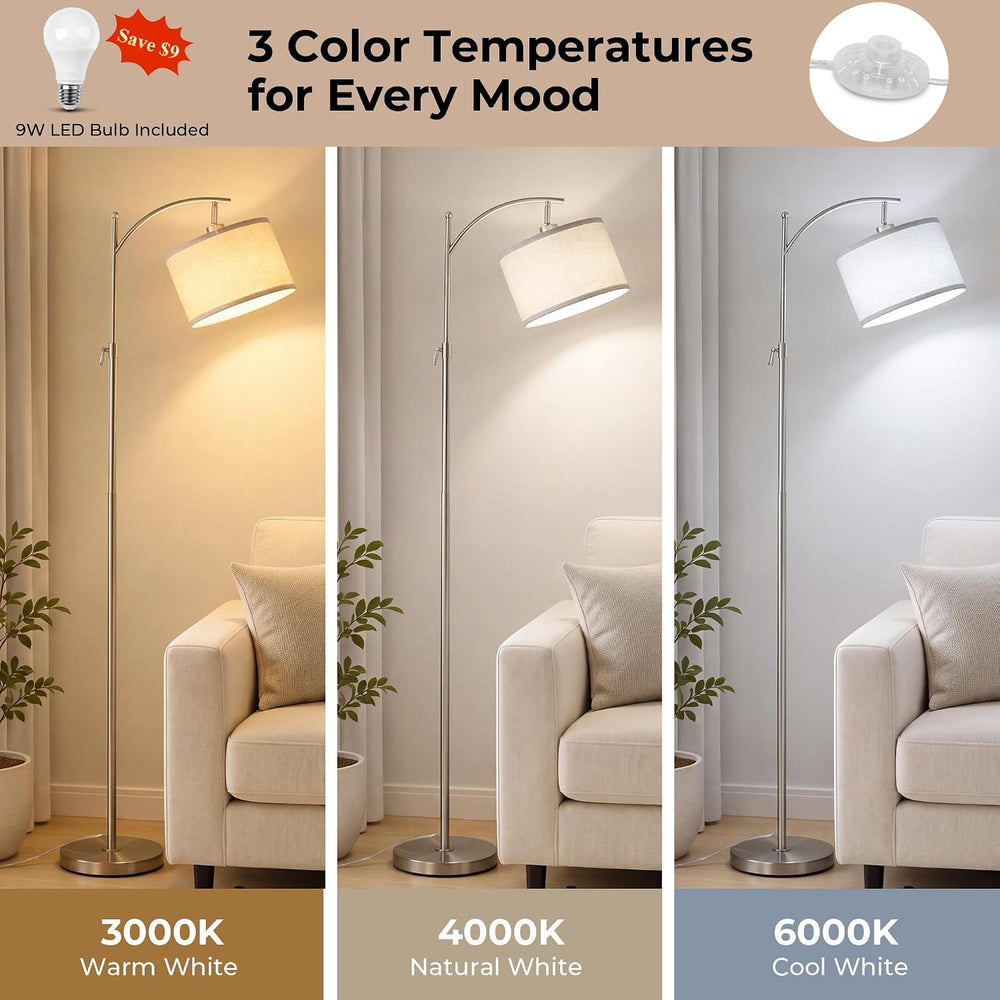 Brushed Nickel Arc Floor Lamp Adjustable Height 55-63in 3 Color 9W LED Bulb