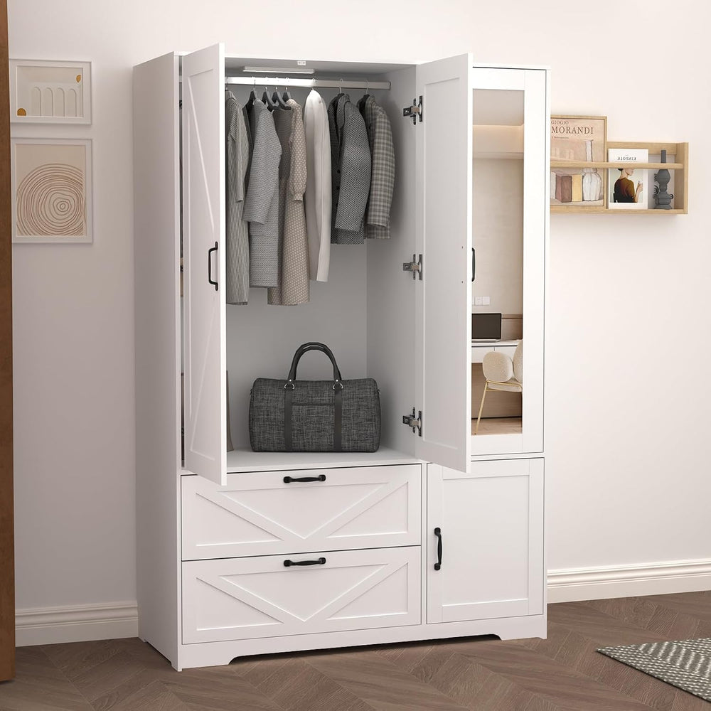 72'' Armoire Wardrobe Closet with Mirror Door & Light, Farmhouse ...