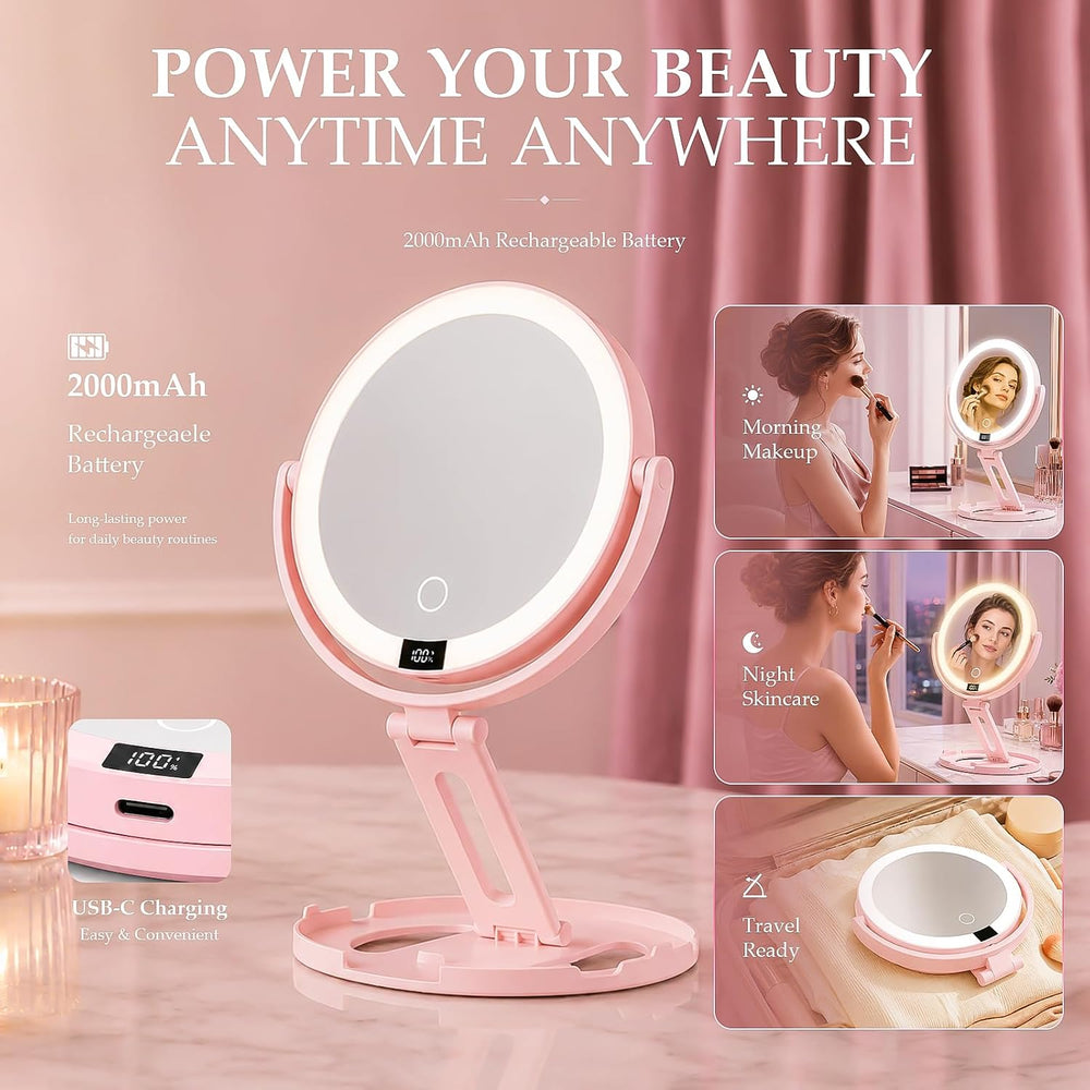 Travel Makeup Mirror with Lights, 1X/30X Double-Sided Magnifying Mirror