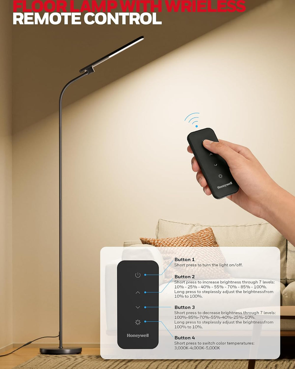 Honeywell LED Floor Lamp with Remote, CRI97 Dimmable Gooseneck 77" Black