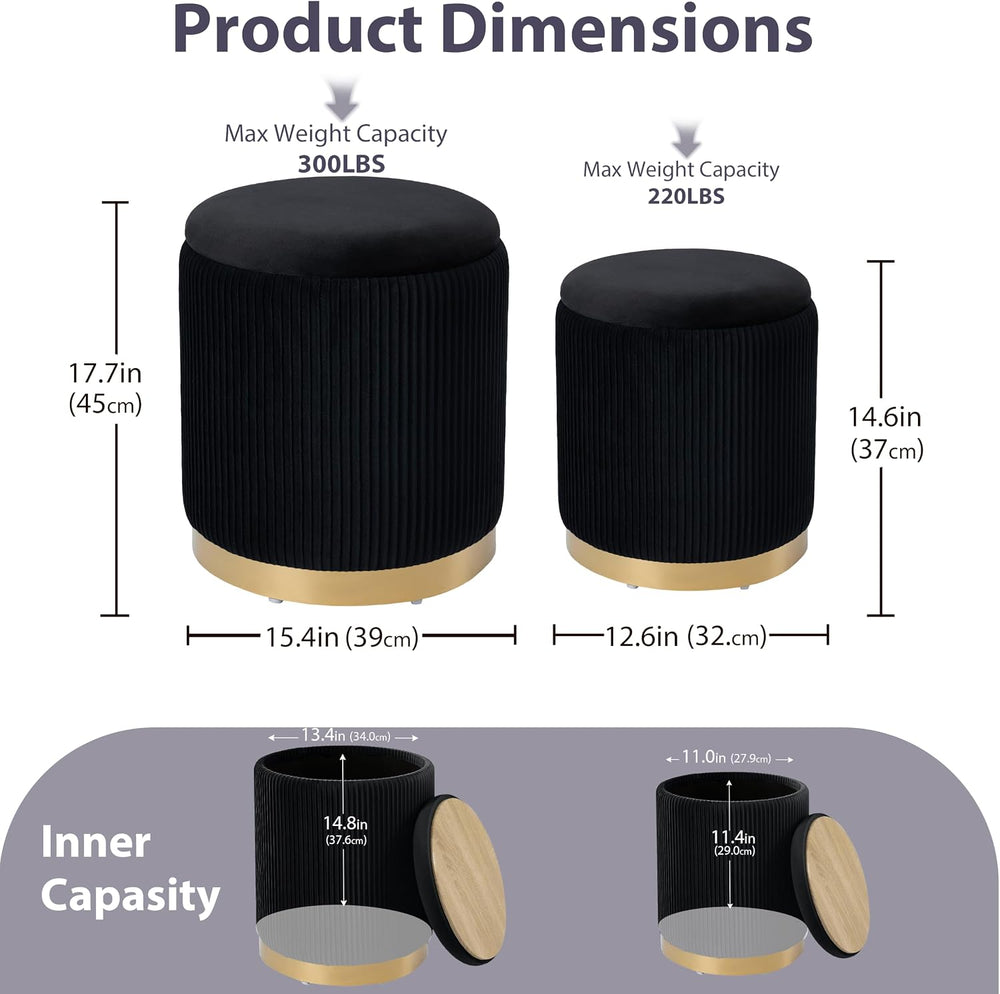 Royal Windsor Round Ottoman with Storage Set of 2, Storage Vanity Stool