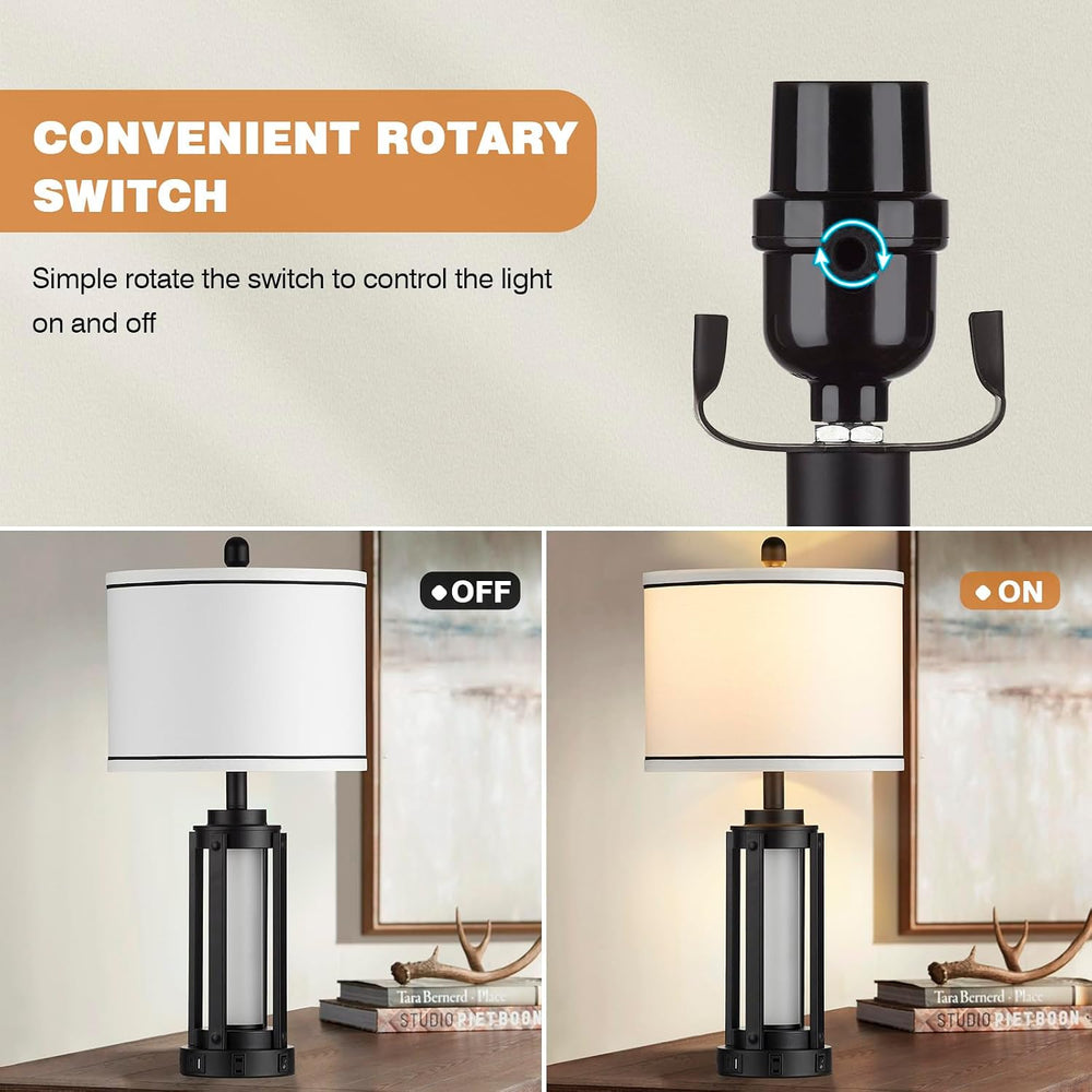 Industrial Table Lamps Set of 2, Farmhouse Beside Lamp with USB A+C Charging ...
