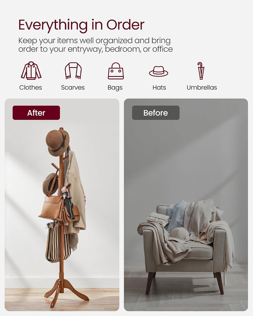 VASAGLE Solid Wood Coat Rack, Free Standing, Tree-Shaped, with 8 Hooks