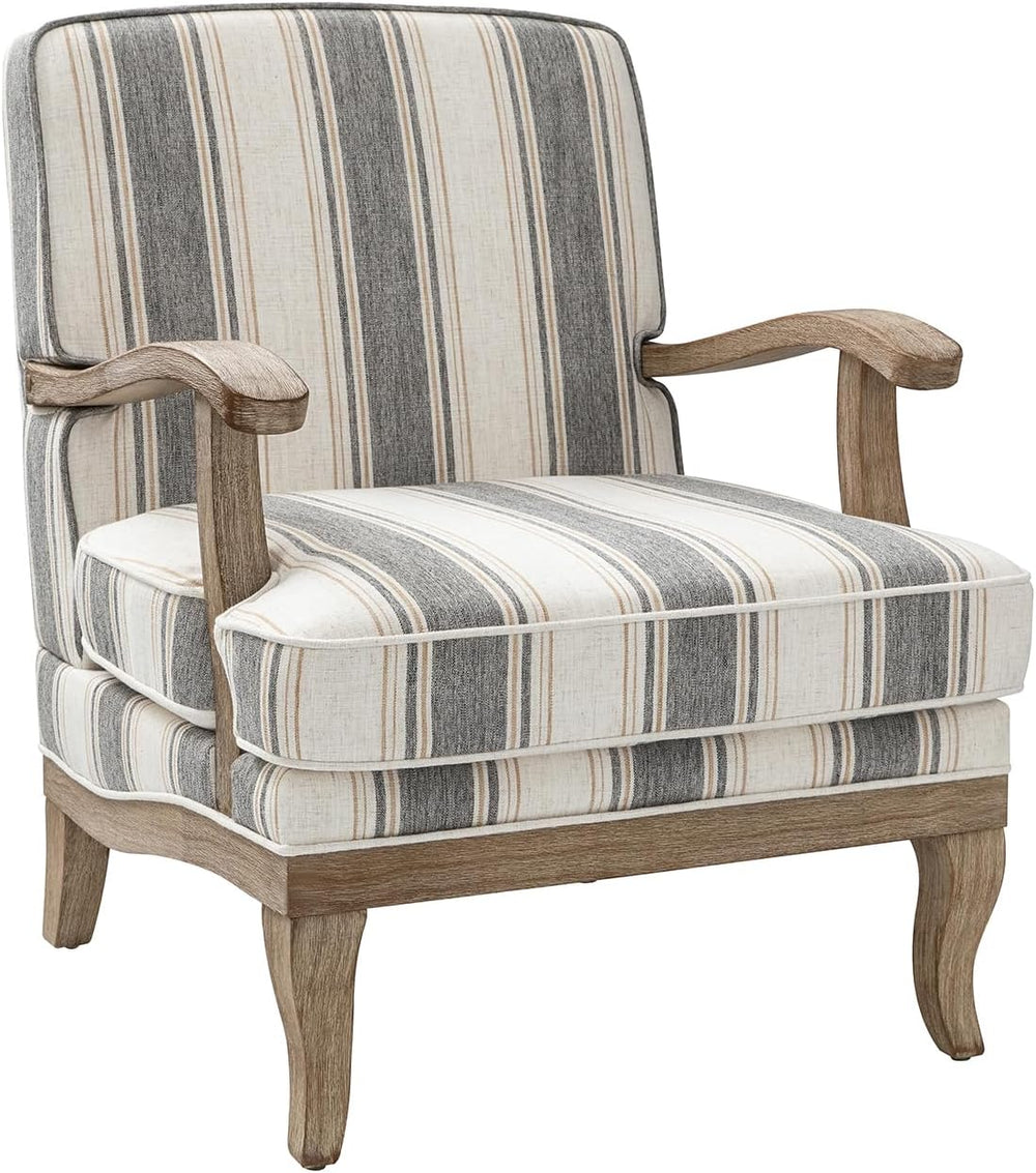 HULALA HOME Farmhouse Striped Accent Chair with Solid Wood Legs, Dark Grey