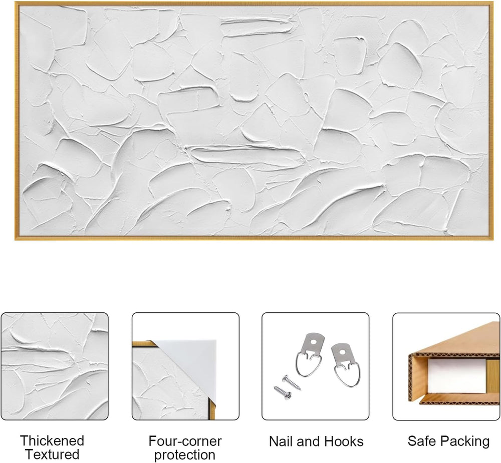 Abstract Large Hand-Painted White Textured Oil Painting Gold Frame Wall Art