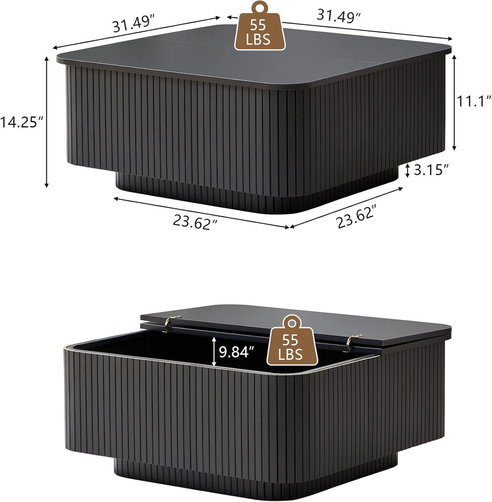 31.5" Square Coffee Table with Storage, Fluted & Floating Base (Black)
