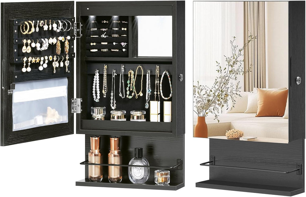 HOOBRO Wall Mounted Jewelry Cabinet, LED Jewelry Armoire with Interior Mirror...