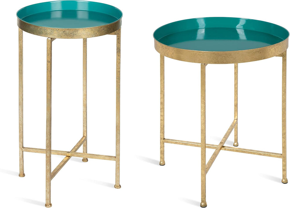 Kate and Laurel Celia Round Metal Foldable Tray Accent Table, Teal with Gold ...