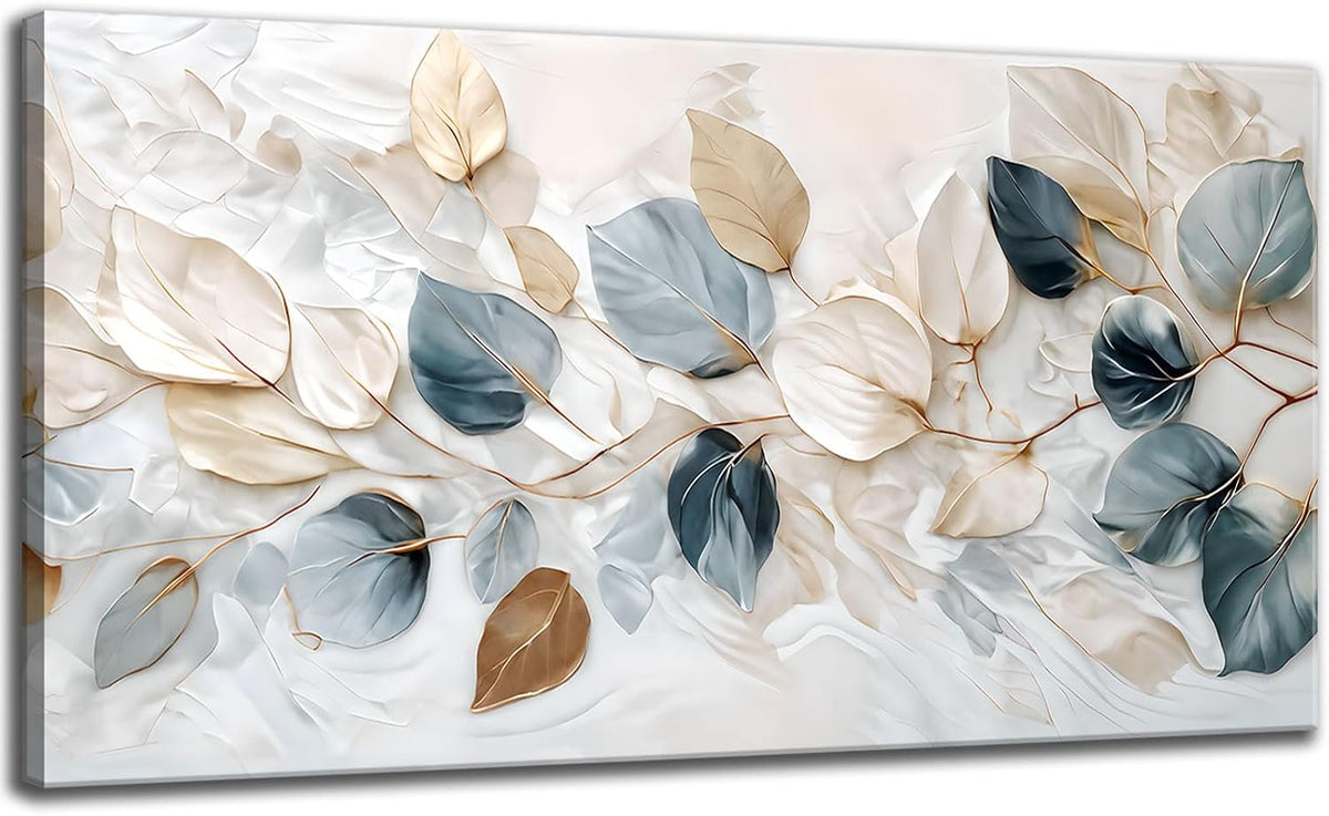 Large Living Eucalyptus Leaf Canvas Wall Art Teal White Botanical Abstract Decor painting Pictures Modern Nordic Plant Flowers Posters Prints for Bathroom Bedroom Office Hallway Home Decoration