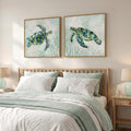 Large Framed Coastal Green Sea Turtle Wall Art for Living Room, 24x24 Inch