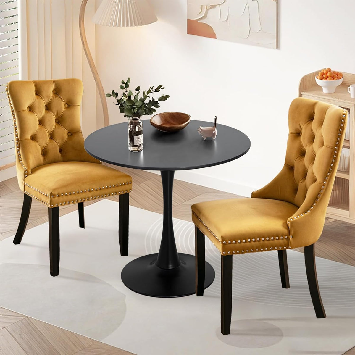 3-Pieces Dining Sets, 31.5" Round Dining Table Set with 2 Velvet Upholstered Dining Chairs,Wooden Legs Design for Kitchen Dining Room Apartment Small Space(1 Black Table with 2 Gold Chairs)