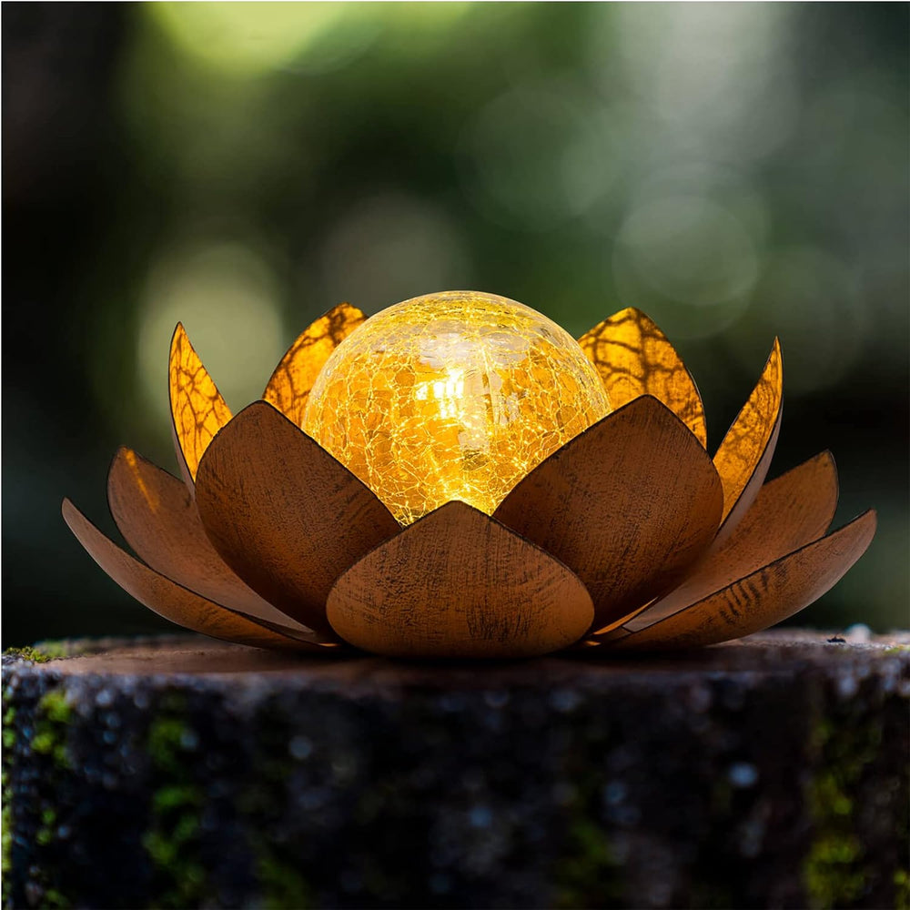 Huaxu Solar Lights Outdoor Decor Metal Lotus Flower LED Waterproof Glass Deco...