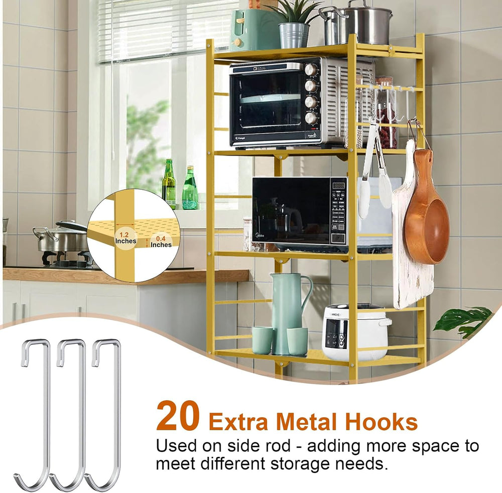 Himix 5-Tier Foldable Storage Shelves with 20 Hooks Wheels Bookshelf Gold