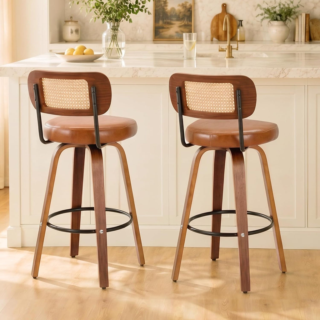 Rattan Bar Stools Set of 2,Upholstered PU Leather, 30''Counter Height Barstools with Back and Wood Legs,360°Swivel,Mid-Century Modern Bar Stool for kitchen Island Dining Room and Bar(Vintage Brown)