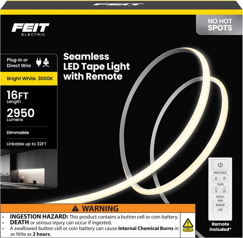 Feit Electric 16 ft COB LED Tape Light, 3000K, Remote Dimming, Plug-in
