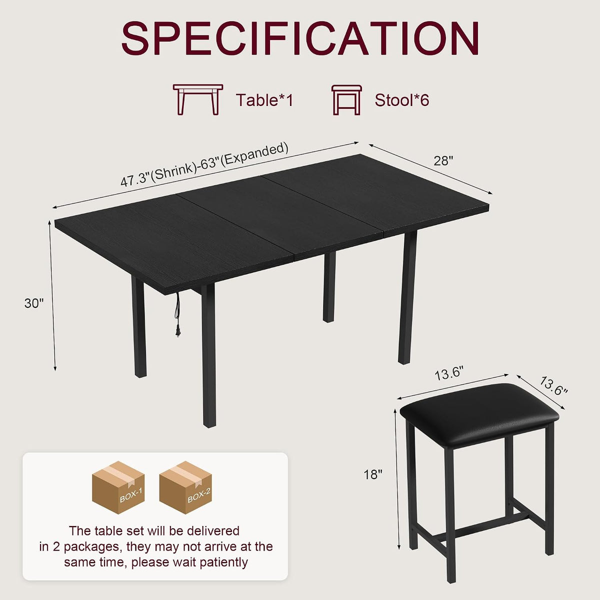 VECELO 7-Piece Dining Table Set with 6 Square PU Stools, 63" Expandable Kitchen Table with USB Charging and Metal Frame, Modern Wooden Dining Table for 2-6, Space-Saving, Easy Assembly, Black