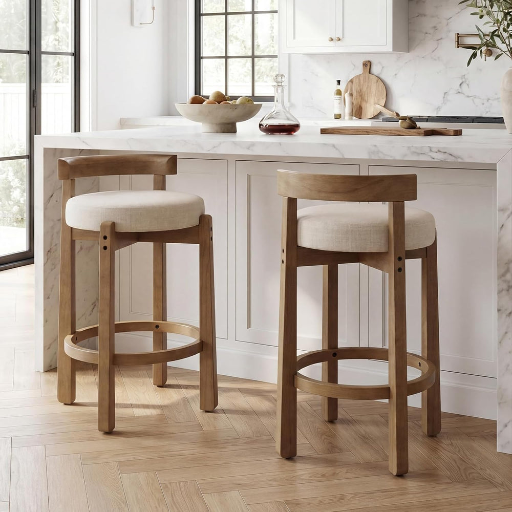 Ya-Home Mid-Century Bar Stools Set of 2, 26.5 Inch Linen Counter Height Uphol...