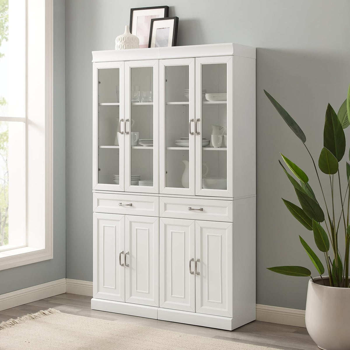 HomeStock Pantry Cabinet Set with Glass Doors - White Kitchen Storage - 2 Piece