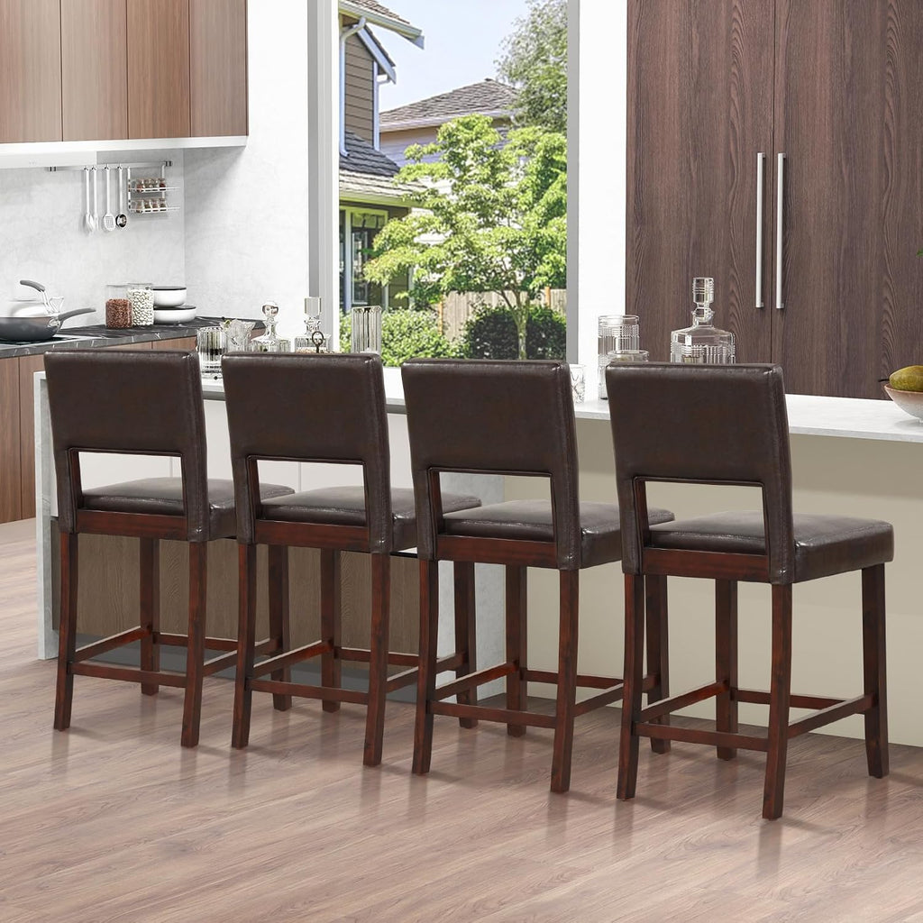 GIANTEX 24.5" Counter Height Bar Stools Set of 4, PVC Leather Barstools with Back, Rubber Wood Legs, Max Load 400 Lbs, Modern Upholstered Bar Dining Chairs for Kitchen Island Pub