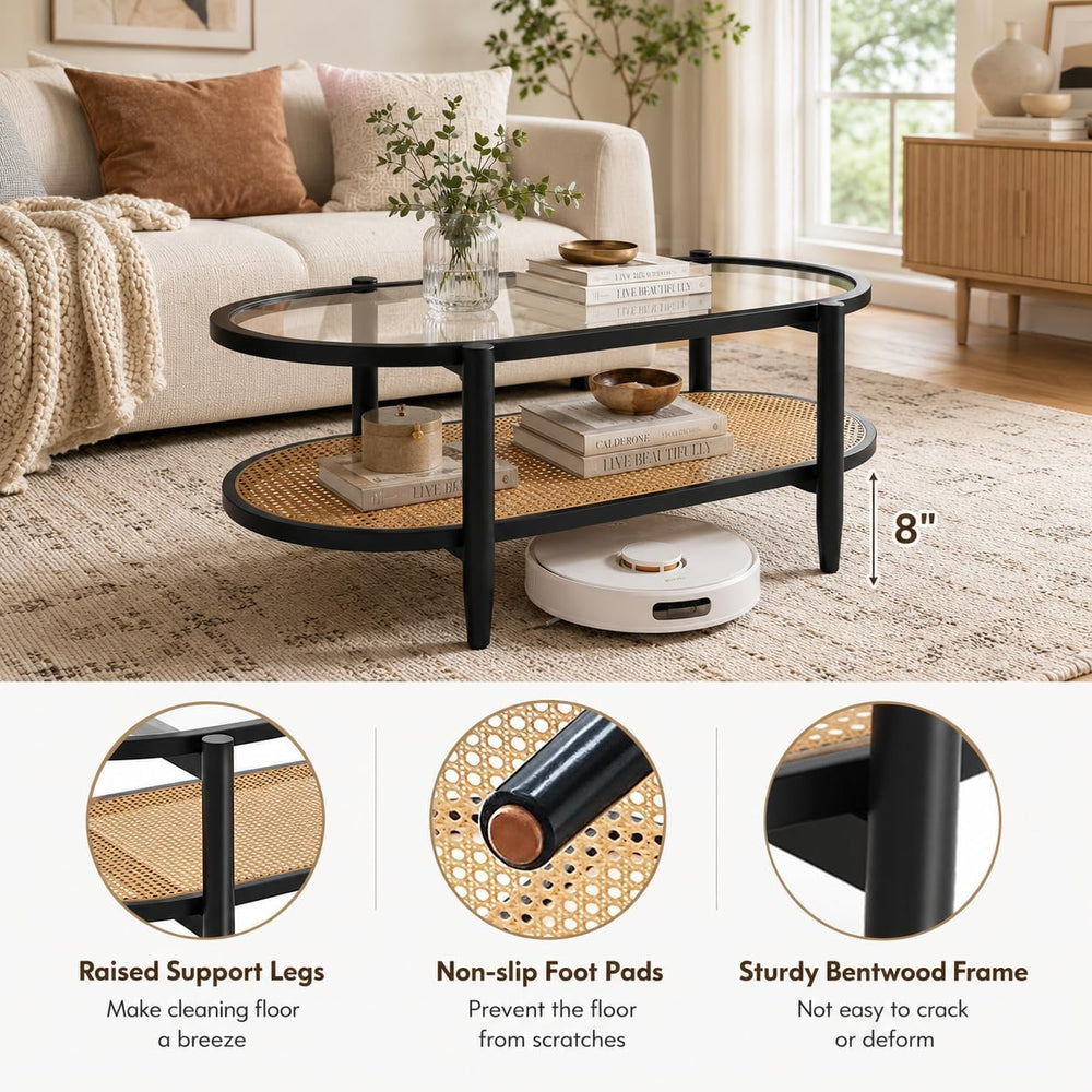 NAFORT Rattan Coffee Table, 2-Tier Oval Modern Center Table with Tempered Gla...