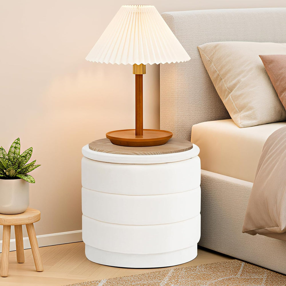 Round Storage Ottoman, 15.4" Velvet Footstool, White