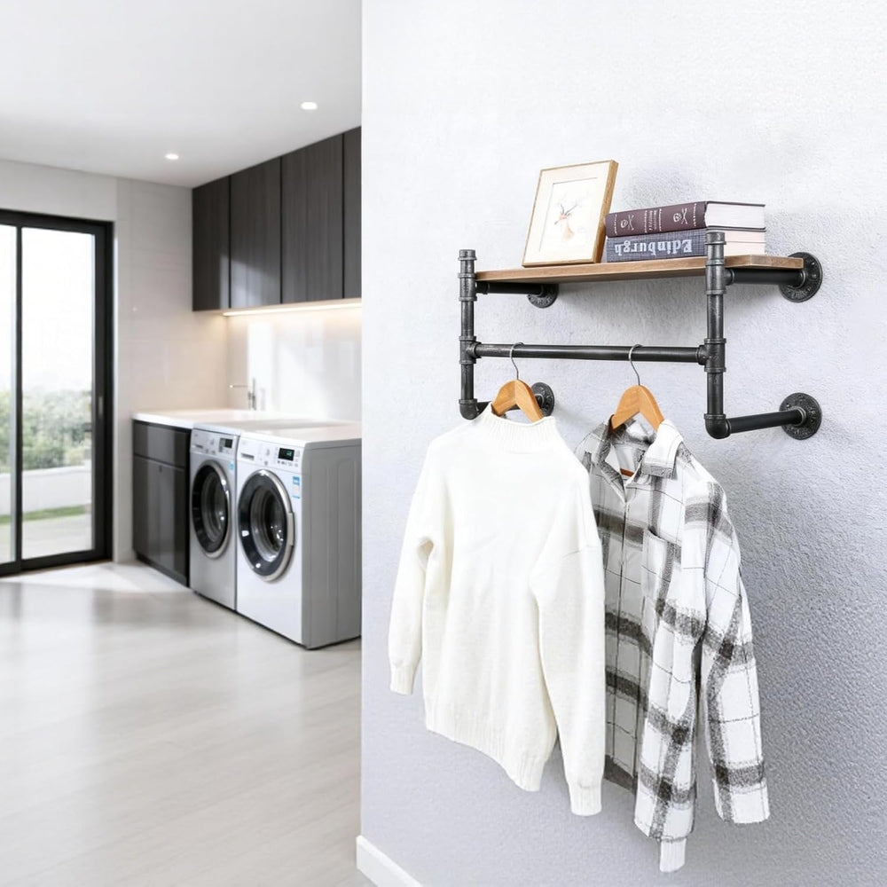 Industrial Pipe Clothing Rack With Shelves,Wall Mounted Clothes Rack 24In