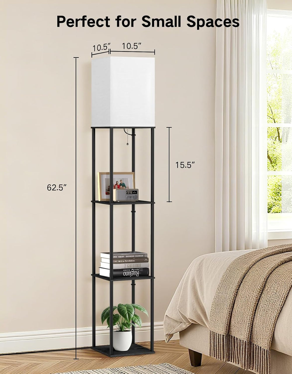 OUTON Floor Lamp with Shelves, Modern Square Standing Shelf Lamp, Black