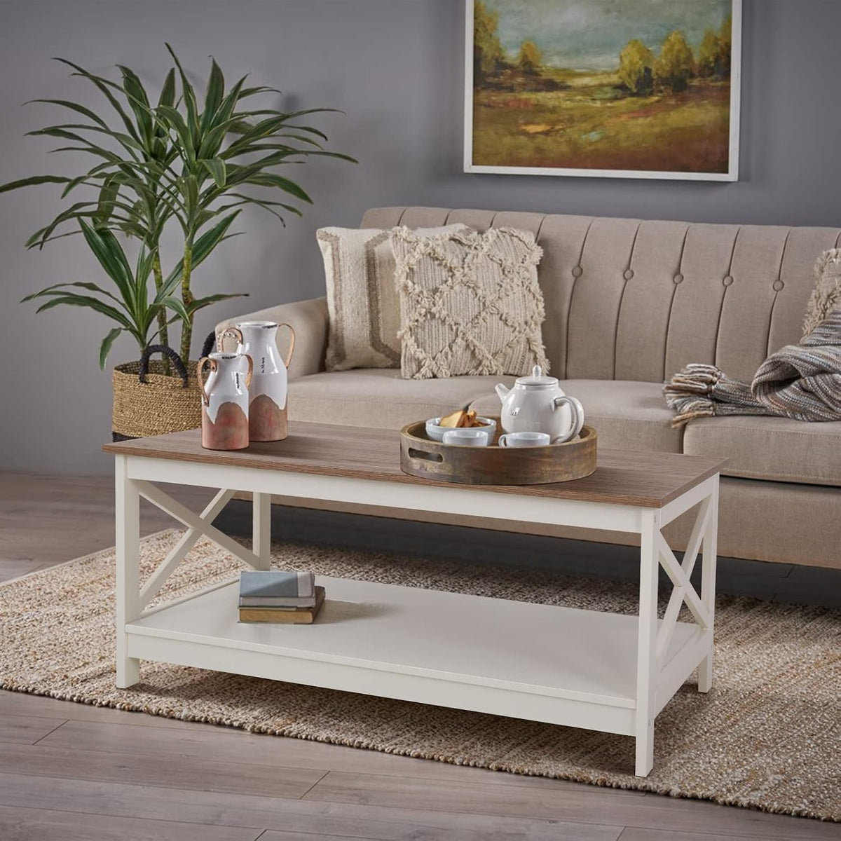 Sophia & William Farmhouse Living Room Furniture Set with 1 Coffee Table and 2 End Table with Storage Shelves