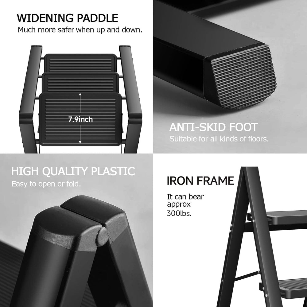 SOLADDER 3 Step Ladder, Folding Step Stool, Lightweight Stepladder, Black