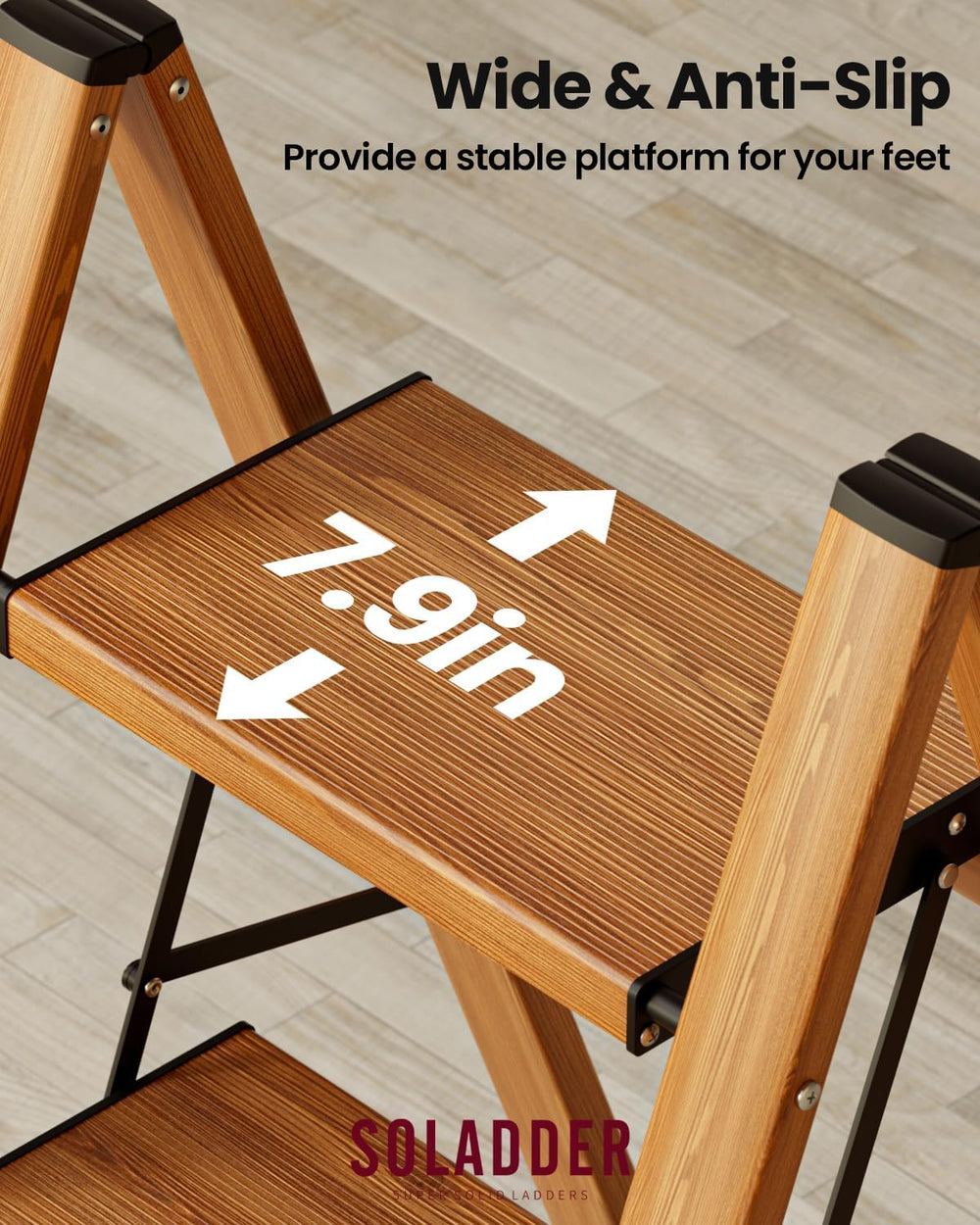 SOLADDER Step Ladder, Folding Step Stool, Lightweight Stepladder, 3 Step, Woo...