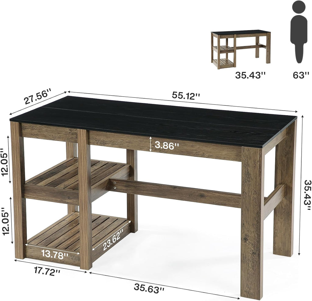 Tribesigns 55" Kitchen Island with Storage Shelves, Rustic Brown and Black | Farmhouse Wood Stationary Island Table for Dining/Living Room, Kitchen, 2-Tier, Spacious Countertop, Easy to Assemble