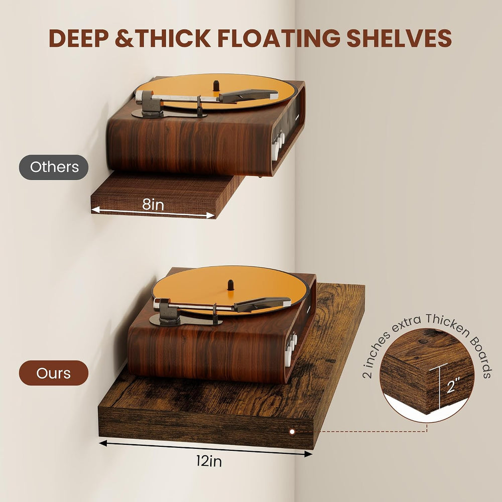 Vivelove Deep Floating Shelves 48x12” Set of 2, Rustic Brown