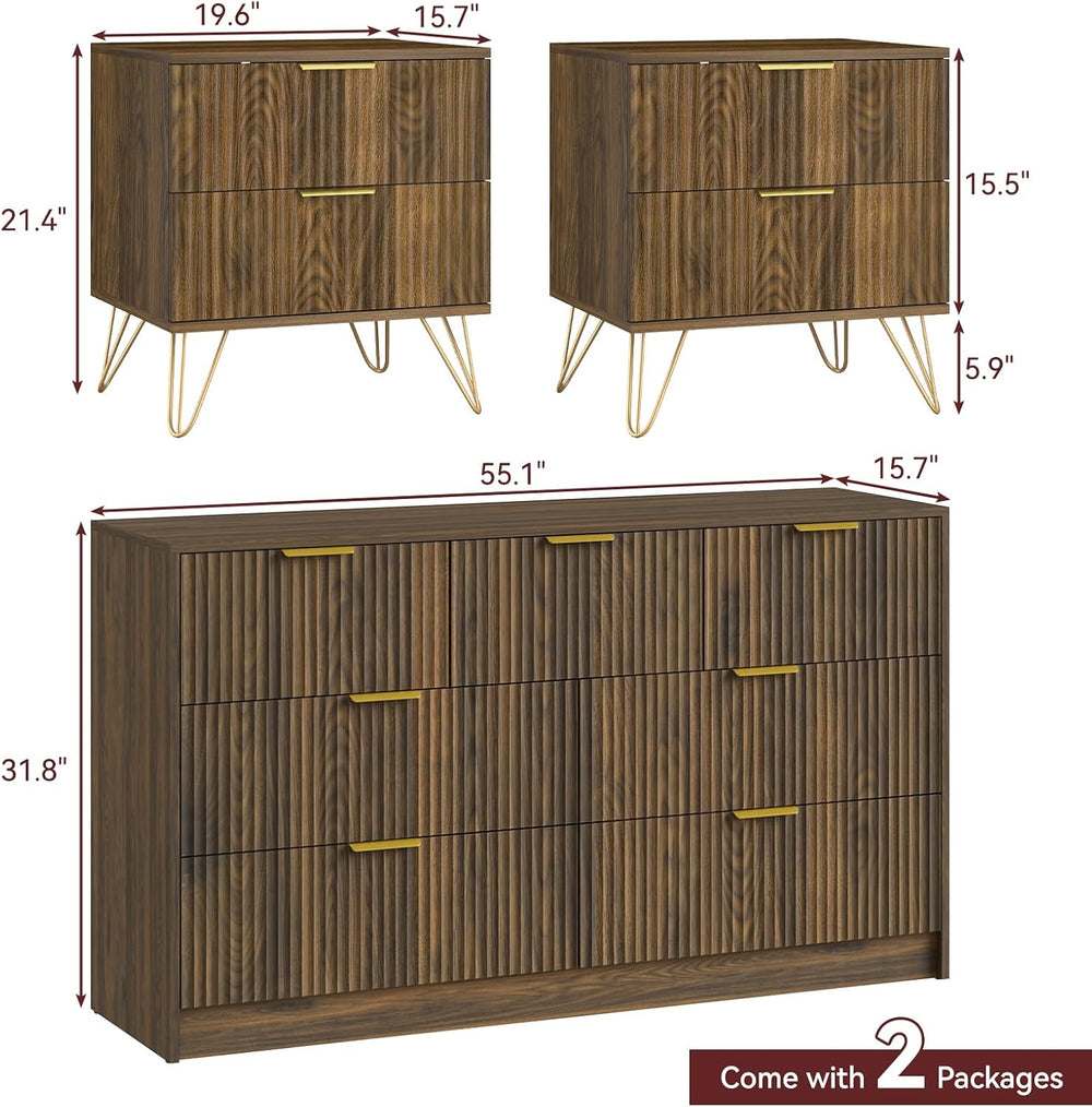 7 Drawer Dresser and Nightstand Sets for Bedroom, 3 Pcs Bedroom Set, Walnut丨N...