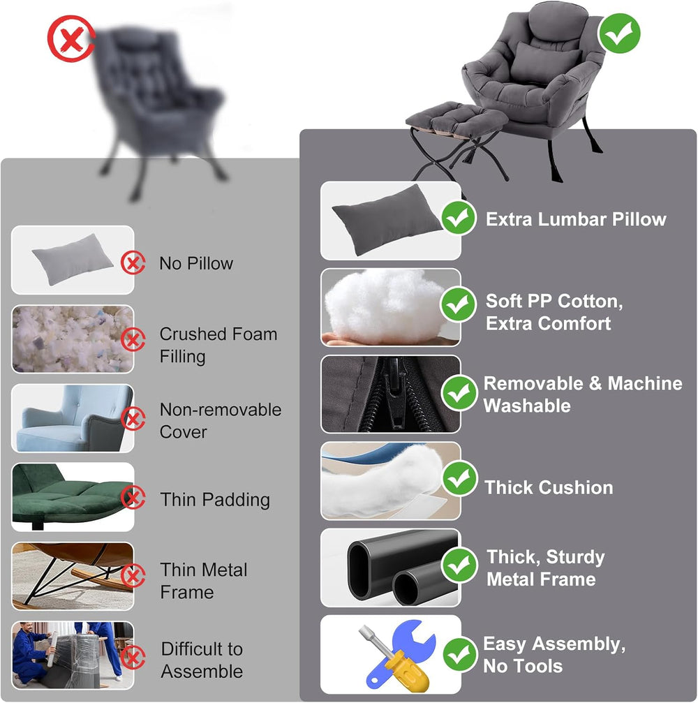 Lazy Chair with Ottoman, Comfy Chair with Pillow，Dark Grey