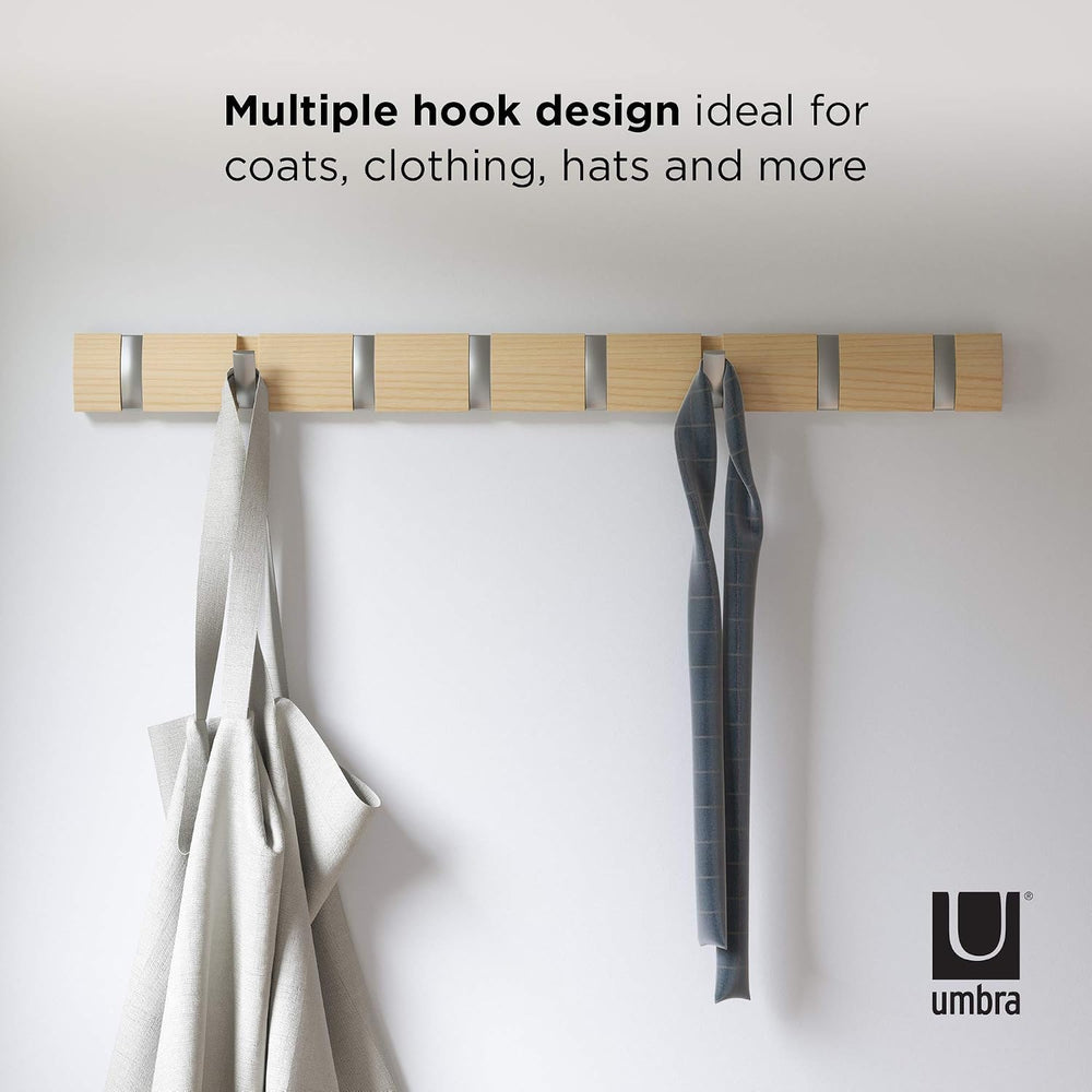 Umbra Flip Coat Rack, Wall Mount 8-Hook, Space Saving, Natural/Nickel