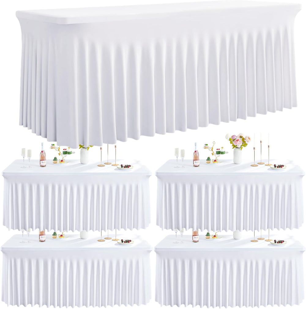 Spandex Tablecloth 6FT Rectangle Table Cover 4 Pack White Wrinkle-Free