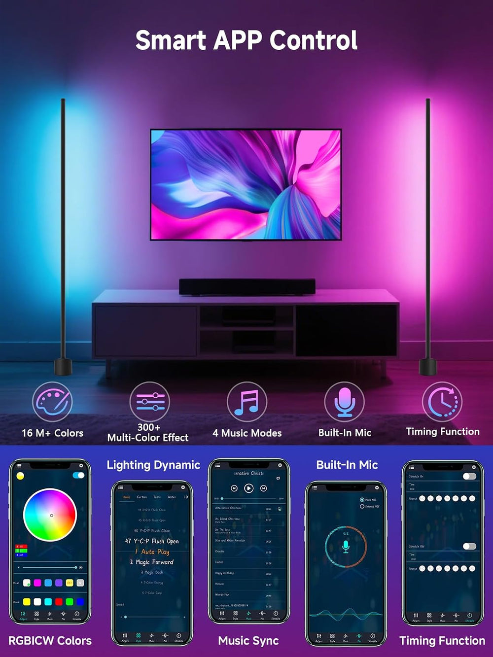 Tyute Standing Floor Lamp, RGB LED Lamp with Music Sync, Smart App and Remote...