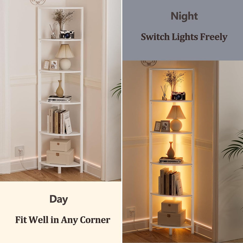 Furnulem 6 Tier Corner Shelf with LED Light, 67.5" White Narrow Bookshelf