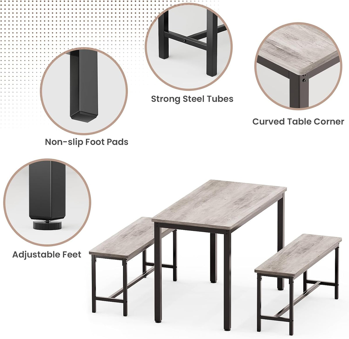 Dining Table Set for 4, Kitchen Table with 2 Benchs, Grey | Modern Functional 3 Piece Space-Saving Dining Room Table Set for Apartment, Breakfast Nook, Small Space