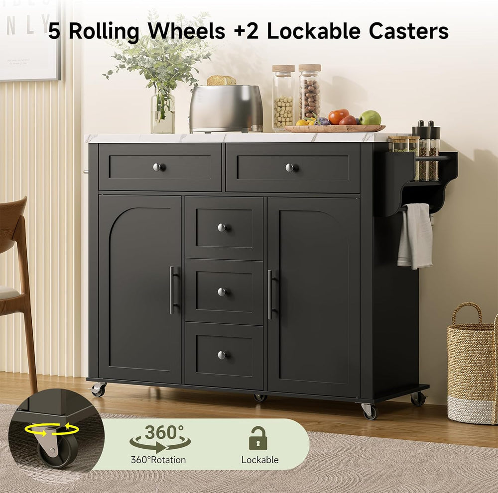 ONBRILL 47" Kitchen Island with 2 Storage Cabinets & 5 Drawers, Black