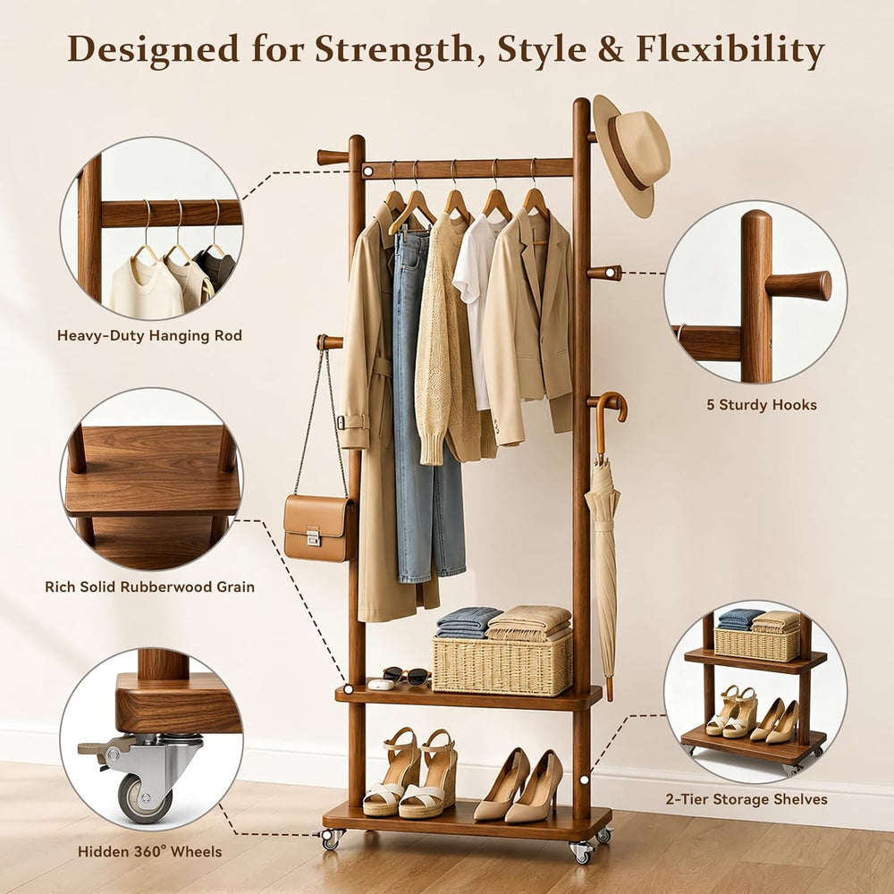 Taitiy Coat Rack Freestanding Solid Wood Clothes Rack with Wheels