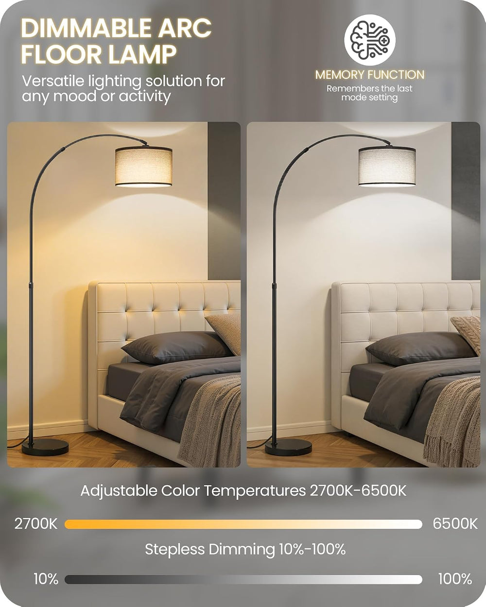 75" Dimmable Gray Arc Floor Lamp with Marble Base and Adjustable Height