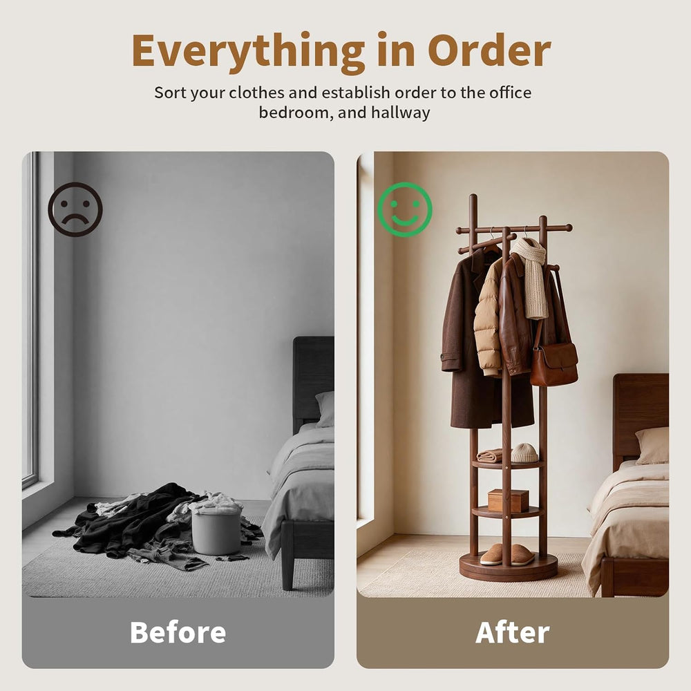 Coat Rack Freestanding, Solid Wood Coat Tree with 6 Hooks and 3 Storage Shelv...