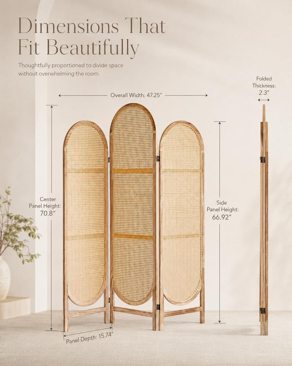 3 Panel Room Dividers and Folding Privacy Screens, Wooden Room Divider with B...