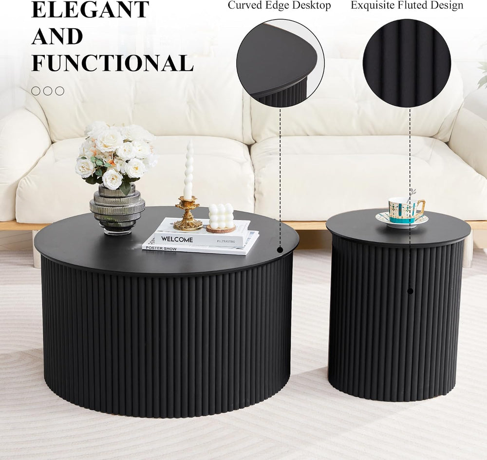 Fluted Round Nesting Coffee Table Set of 2 Circle Center Table Living Room