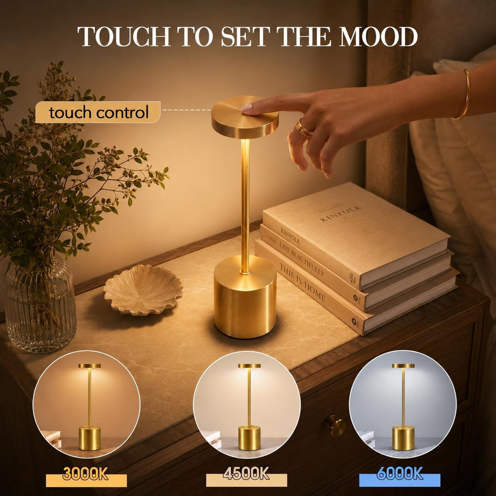 AUDLES Gold Cordless Table Lamps Set of 2, Brass Rechargeable Lamp, Battery O...